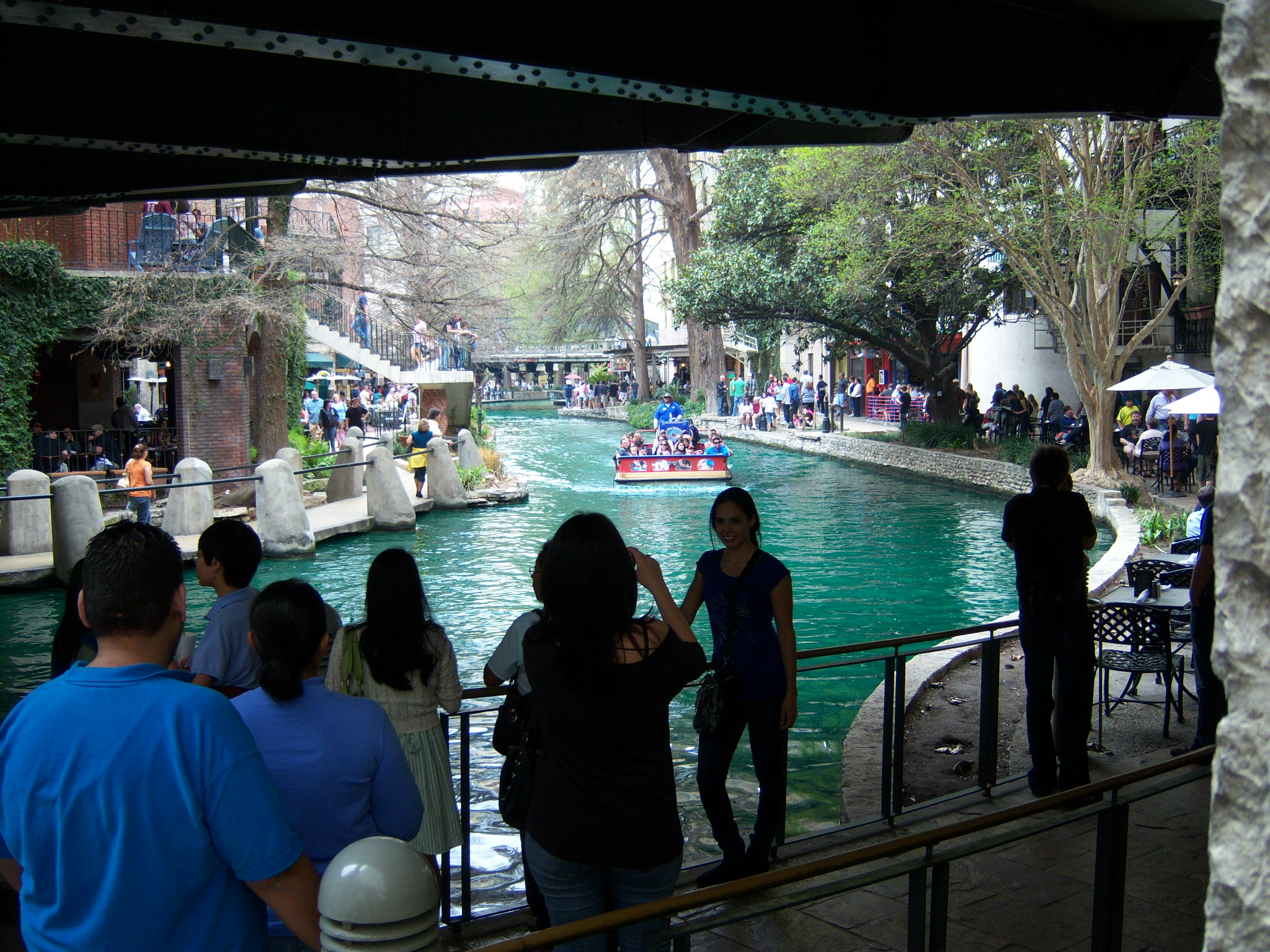Photo of San Antonio River dyed green for St. Patrick's Day.