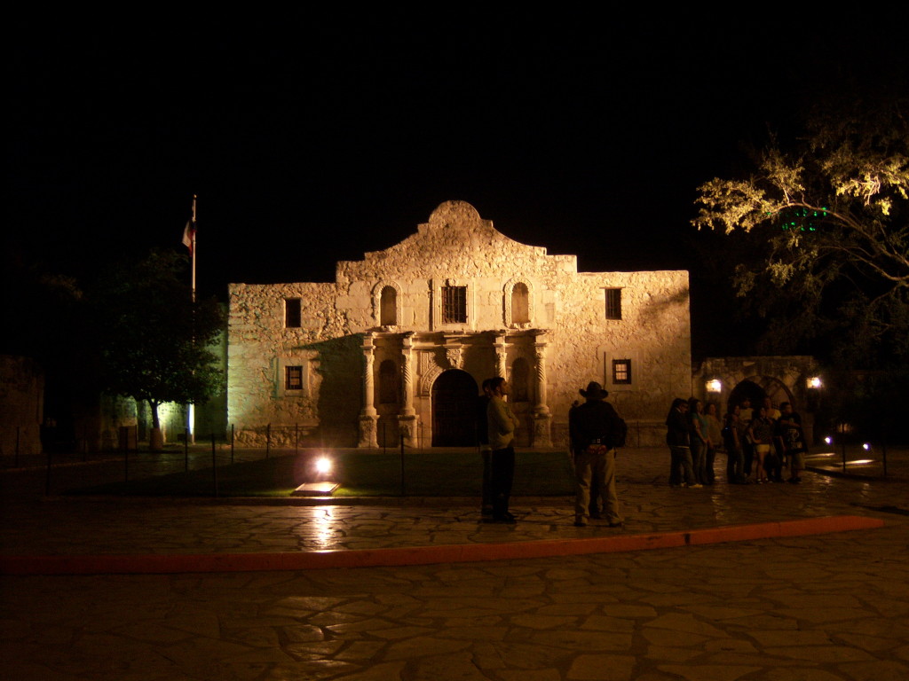 Photo of The Alamo at night.