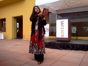 Photo of Chitra Divakaruni performing her children's book, "Grandma and the Great Gourd," at the San Antonio Book Festival in 2013.