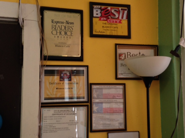 Photo of awards that the Blanco Cafe has won.