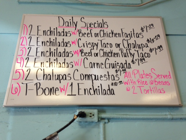 Photo of sign with the daily specials at the Blanco Cafe.