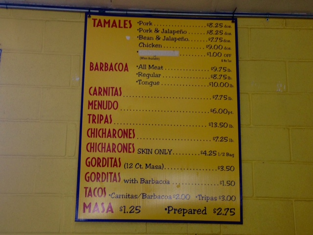 Photo of menu at Adelita Tamales & Tortilla Factory.