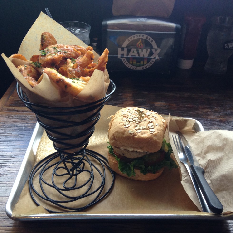 Photo of Hawx Burger Bar and Electro Lounge turkey burger and simply salted fries.