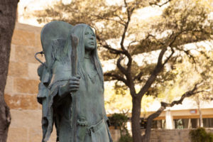 Photo of a scultpure of Sacagawea, the guide and translator for Lewis and Clark, who packed her infant son, Jean Baptiste, on her back throughout their travels.