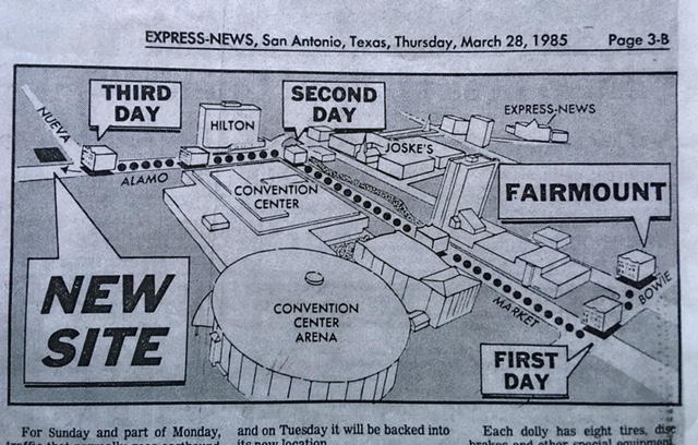 Photo of the San Antonio Express-News' infographic of the Fairmount Hotel's move through downtown San Antonio in 1985.